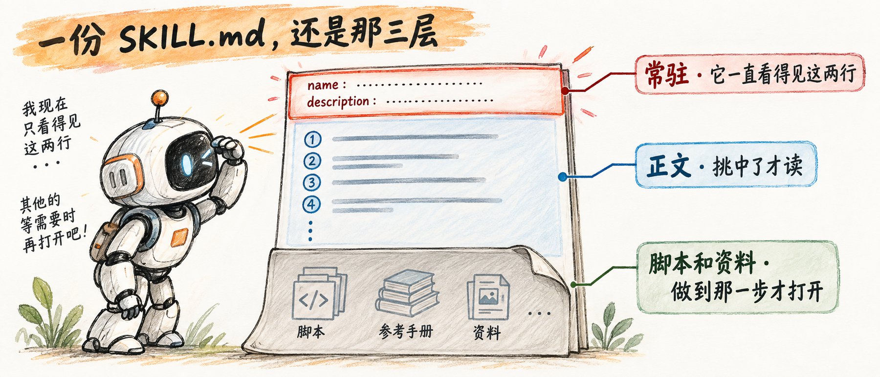 一份 SKILL.md 的三层：开头两行常驻，正文挑中才读，脚本和资料用到才打开