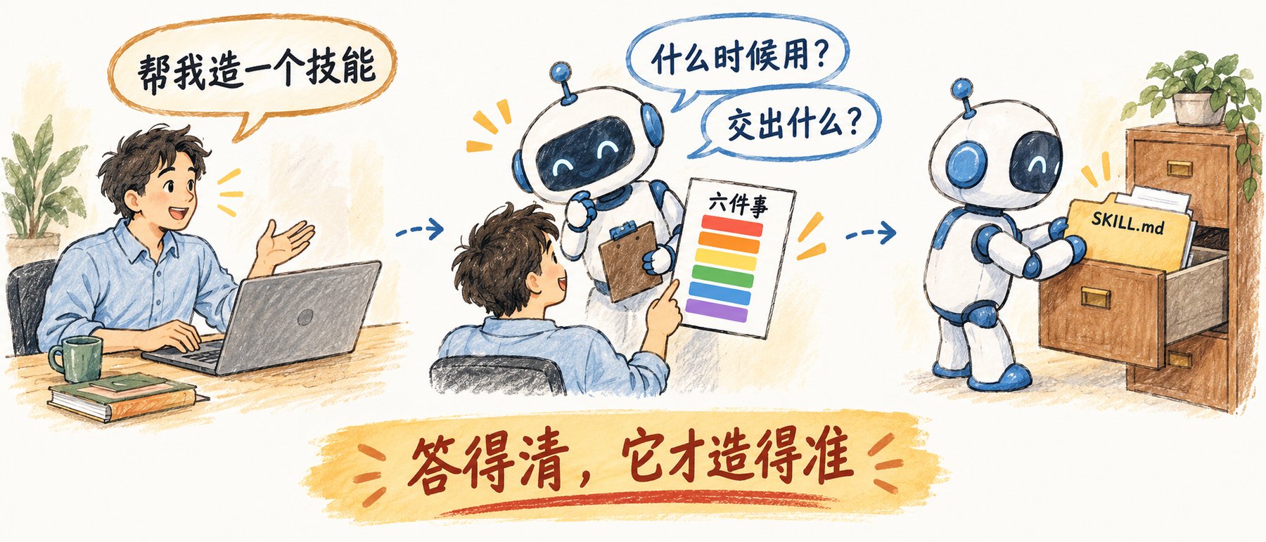 你说帮我造一个技能，它反问什么时候用、交出什么，最后放进一个 SKILL.md 文件夹
