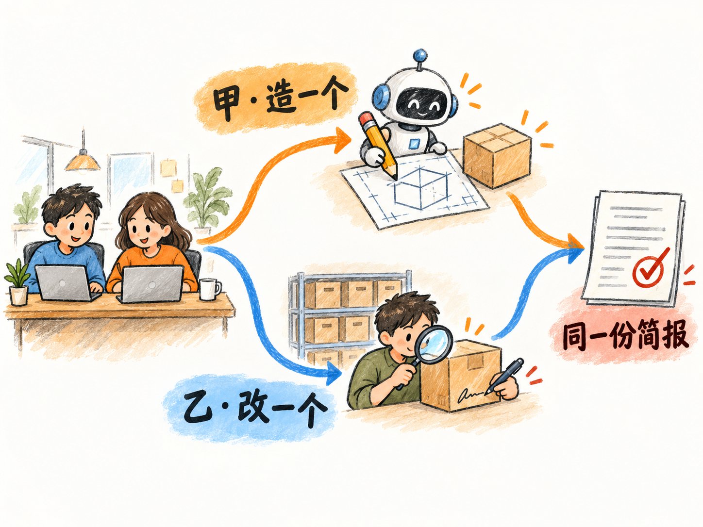 同桌两人分两条路：甲让它从头造一个，乙找现成的背调后加署名，最后出同一份简报