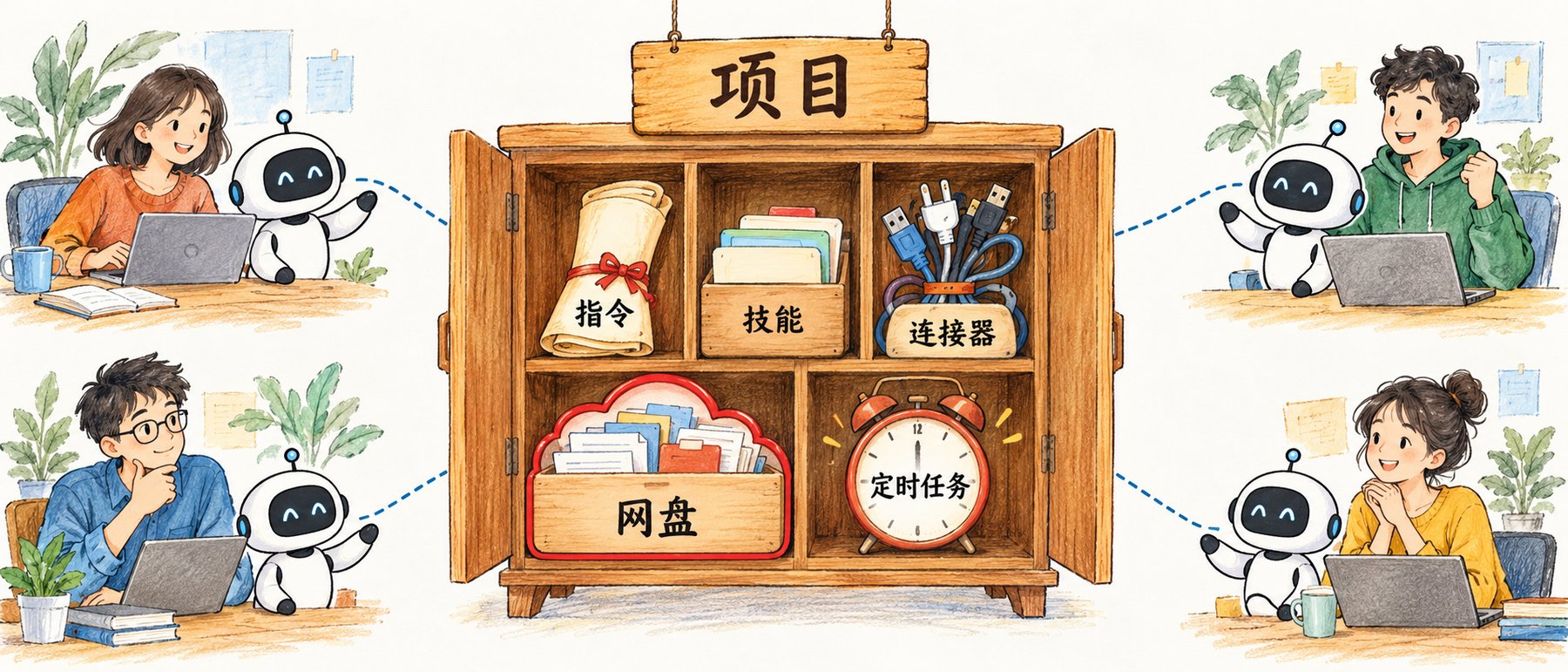 一个写着项目的柜子，网盘只是其中一格，另外几格是指令、技能、连接器、定时任务，四个人和各自的 AI 都从这个柜子里取