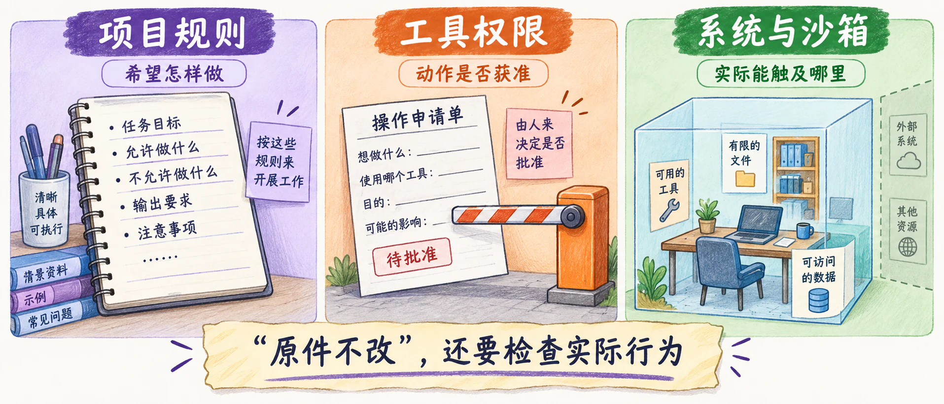 项目规则、工具权限、系统与沙箱