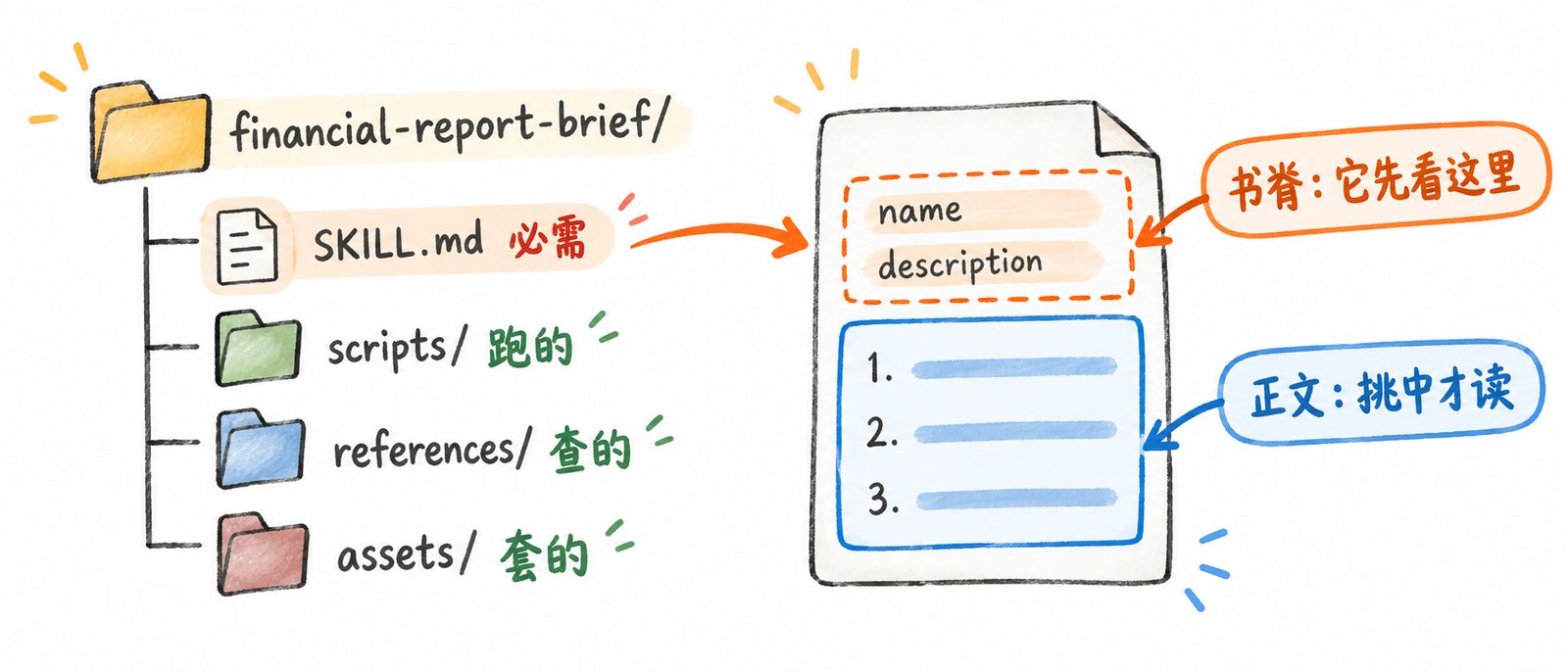 SKILL.md 必需，scripts 跑的，references 查的，assets 套的