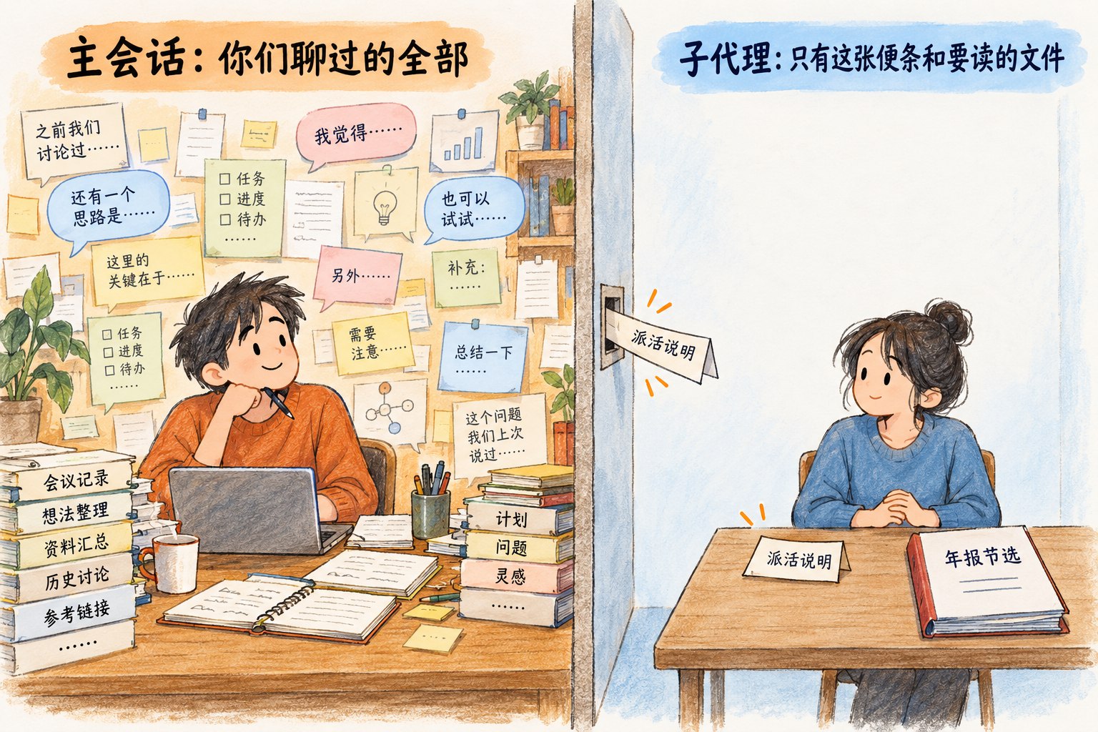 一堵墙隔开两个房间。左边主会话的墙上贴满便条和对话气泡，标注你们聊过的全部；墙上一个投递口塞过去一张写着派活说明的便条；右边子代理的房间空荡荡，桌上只有那张便条和一份年报节选
