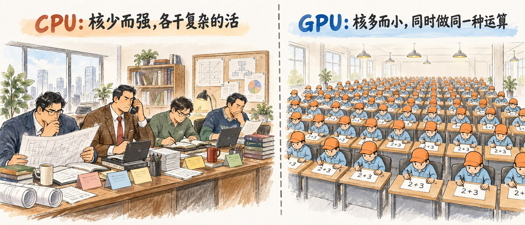 左右对照。左边办公室里人不多，高大的专家各干各的复杂活，有人看图纸、有人打电话、有人写方案，标着 CPU：核少而强，各干复杂的活；右边大厅里密密排着一大片小个子工人，每人面前都是同一种小卡片，做同一种简单运算，标着 GPU：核多而小，同时做同一种运算