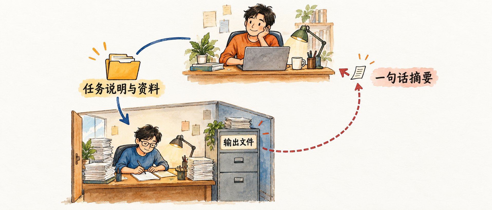 下方是任务说明与参考资料装进一个文件夹交给子代理；子代理在自己的窗口里读完几百页材料；上方只有一张小纸条从子代理飘回主会话，上面写着分析完成、文件已保存、一个关键数字