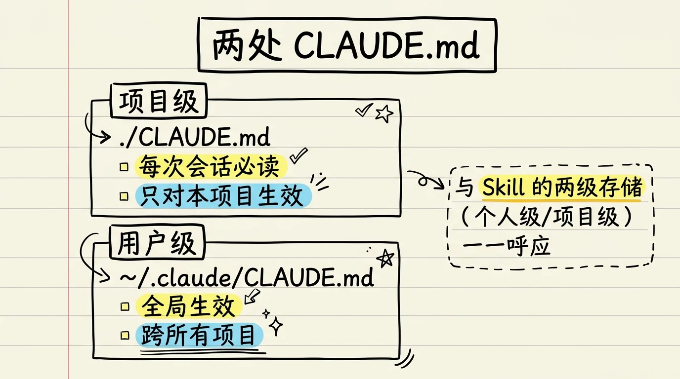 两处 CLAUDE.md：项目级 ./CLAUDE.md 每次会话必读、只对本项目生效；用户级 ~/.claude/CLAUDE.md 全局生效、跨所有项目；与 Skill 的两级存储呼应