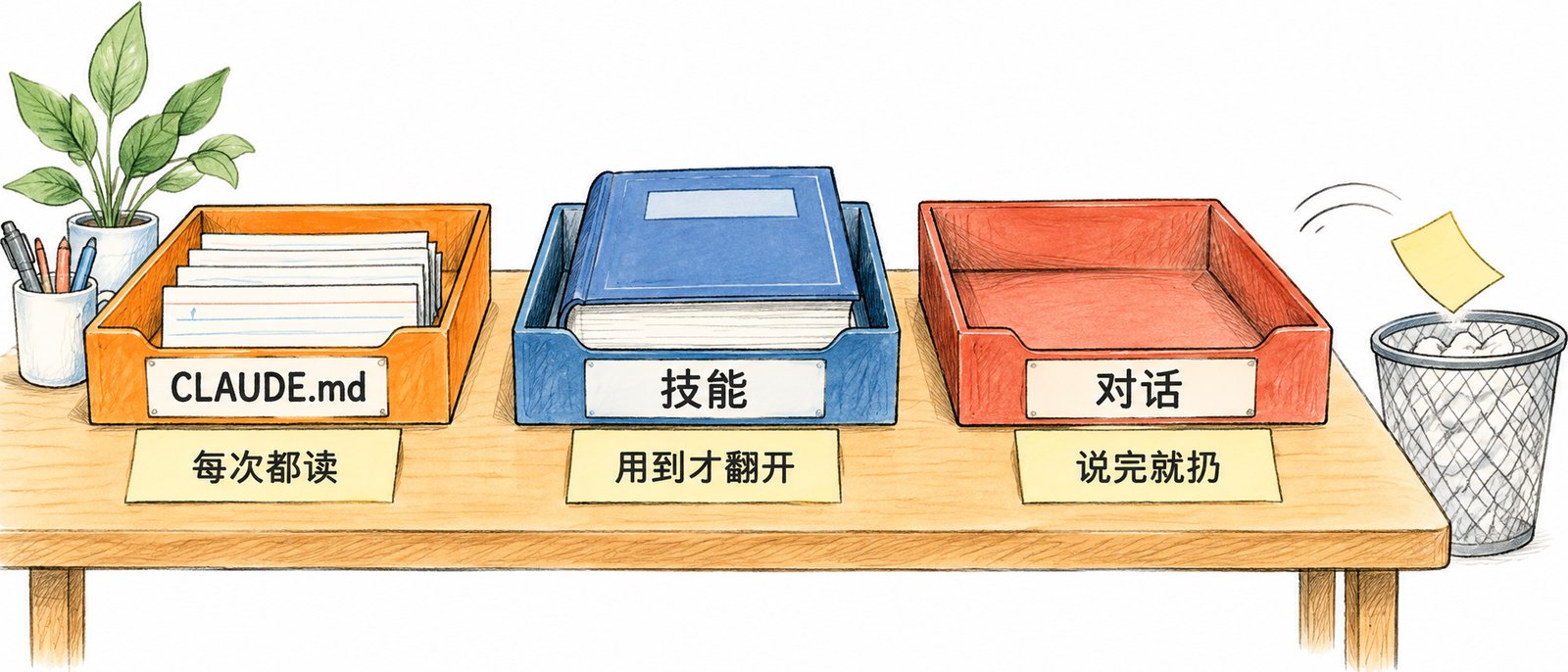 三个文件盘：CLAUDE.md 每次都读，技能用到才翻开，对话说完就扔