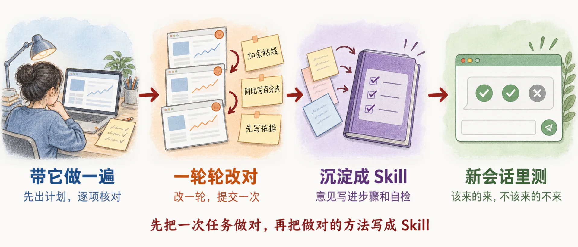 四站：带它做一遍（先出计划，逐项核对）→ 一轮轮改对（Git 版本管理可选）→ 沉淀成 Skill（意见写进步骤和自检）→ 新会话里测（该来的来，不该来的不来）